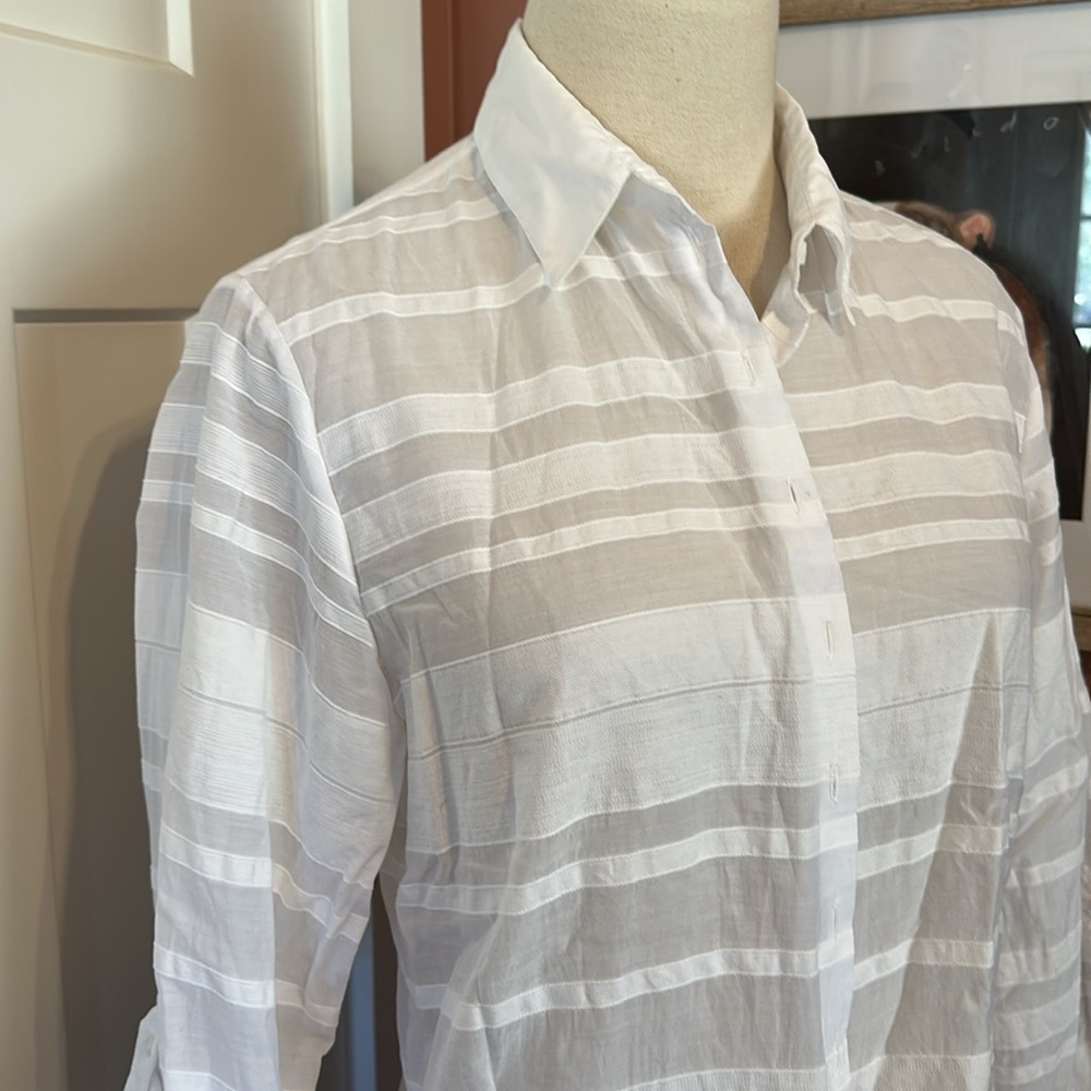 Anne Fontaine Lany White sheer striped pattern Button-Up 10 rolled sleeve Shirt - Picture 2 of 13